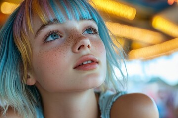 girl with colorful dyed hair expressing amazement while looking up at amusement park lights