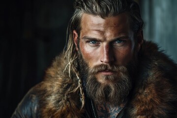 Portrait of a viking warrior wearing furs looking intensely with blue eyes and braided hair