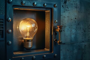 Poster - Lit light bulb glowing in a vintage industrial metal box with bolts and a valve