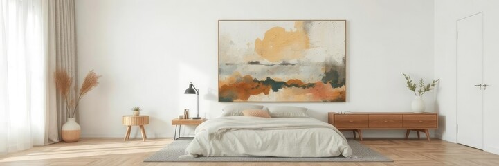 Wall Mural - Modern bedroom with abstract painting on the wall, featuring neutral tones, minimalist furniture, and soft lighting, wall, tones