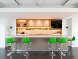 Wall Mural - Modern bar with vibrant green stools and sleek bar counter, luxury, vibrant, green