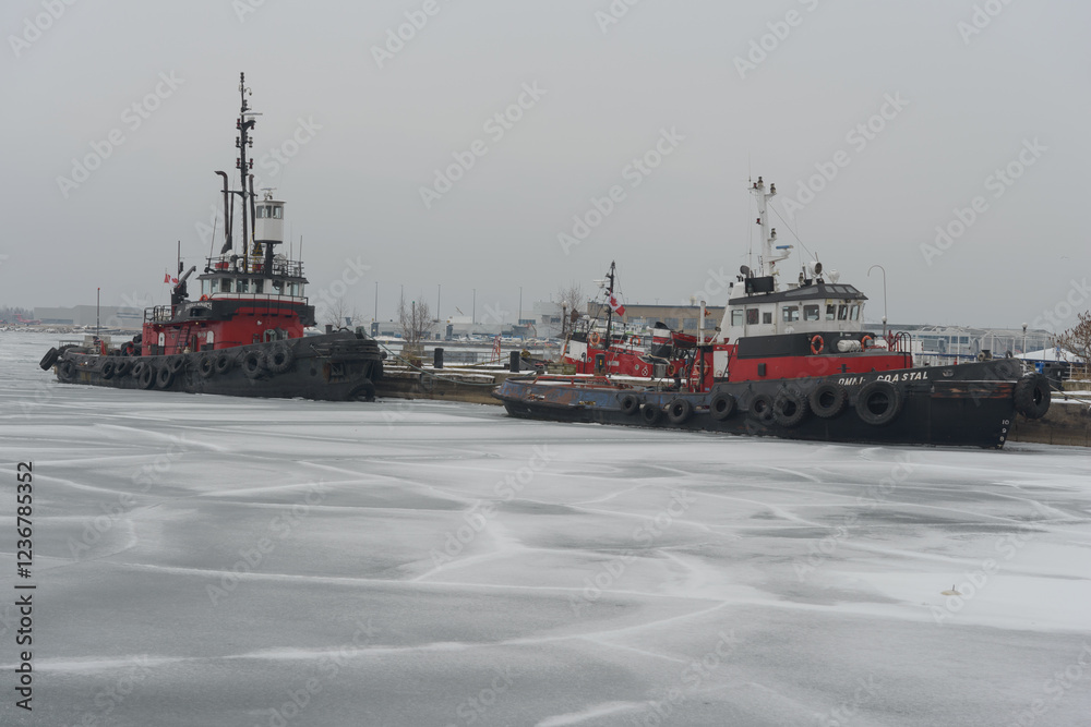 tugs in Toronto Harbor (Canada) on the last day of January 2025 Stock
