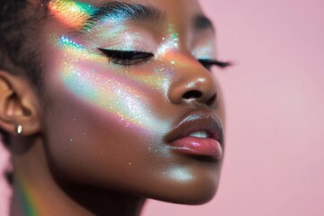 Poster - Close-up view of a face with prismatic rainbow reflections creating vibrant patterns on the skin. The play of light adds a playful and futuristic feel to the portrait, enhancing its unique beauty