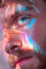 Poster - Illuminated by colorful rainbow patterns from a lens, the face displays striking reflections that playfully interact with skin texture, creating a surreal atmosphere