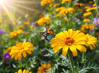 Poster - an image of a butterfly is sitting on a yellow flower, there is a butterfly that is sitting on a yellow flower