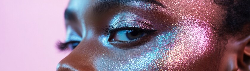 Poster - Illumination from prismatic reflections adds vibrant patterns on skin, highlighting a close-up of a face. The playful colors enhance the futuristic vibe, showcasing unique facial features
