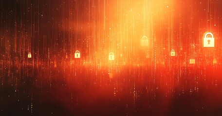 Poster - Abstract digital security background with glowing padlock icons in a fiery orange and red color scheme.
