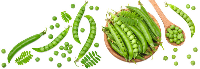 Wall Mural - Fresh green peas in wooden bowl isolated on white background. clipping path. top view