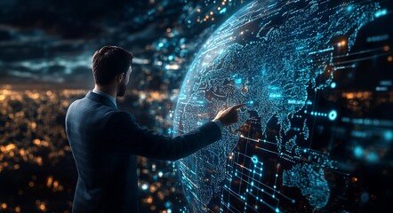 Aufkleber - businessman interacts with a digital global network interface.