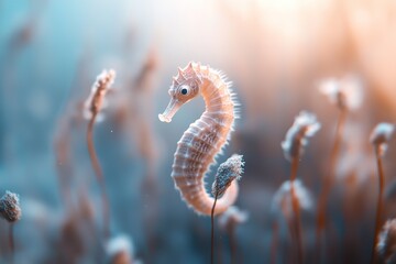 Wall Mural - Seahorses delicately grasp swaying seaweed, showcasing their intricate features against a softly blurred ocean backdrop. The scene captures tranquility and beauty in marine life