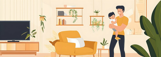 Wall Mural - Beige living room interior with yellow sofa, armchair and wooden coffee table near tv stand with potted plants on floor.