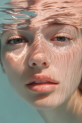 Poster - A woman's face emerges partially underwater, surrounded by soft light and rippling water. The unique reflections create an ethereal atmosphere, enhancing her serene expression