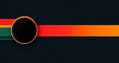 Poster - abstract background design with a black circle, orange border, and horizontal stripes in red, orange
