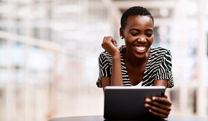 Poster - Digital tablet, business and black woman check email, app or reading press release for brand image. Technology, research and happy worker in creative startup for pr campaign or social media promotion