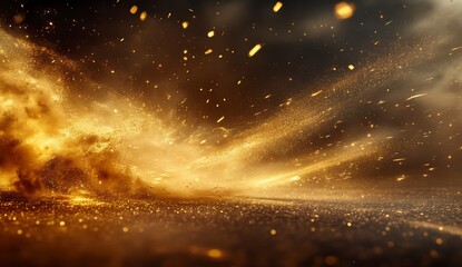 Poster - Abstract background with swirling golden particles and dark smoke. Glowing embers and sparks create a dramatic, energetic atmosphere. The texture is