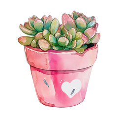 Wall Mural - Succulent Love: A close-up of a vibrant succulent plant with fleshy, green leaves flourishing in a charming pink pot adorned with a white heart, symbolizing nature's beauty and love.