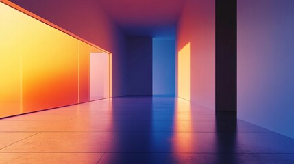 Wall Mural - Long hallway with a bright orange wall and a blue wall. The hallway is empty and the light is shining on the walls