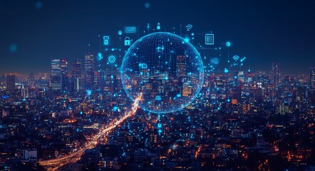 Poster - Global network connecting a city at night.