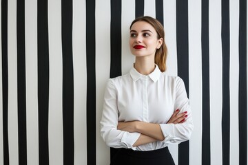 Poster - happy young businesswoman standing with arms crossed near striped wall in office.