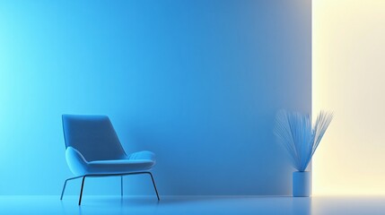 Wall Mural - Minimalist blue interior design featuring a modern armchair and a decorative plant, illuminated by blue light