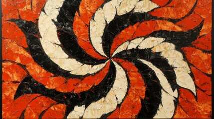 Fototapete - Abstract swirling pattern in black, off white, and shades of orange and red. The design resembles stylized leaves or feathers creating a vortex