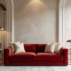 Wall Mural - Crimson velvet sofa with beige pillows against venetian stucco wall.