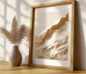 Canvas Print - A photograph of a beige and white sand dune in a wooden frame sits on a wooden surface next to dried flowers in a vase. Natural light creates