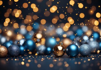 Canvas Print - Close up of blue, gold, and silver Christmas ornaments scattered on a dark surface, bokeh lights in the background