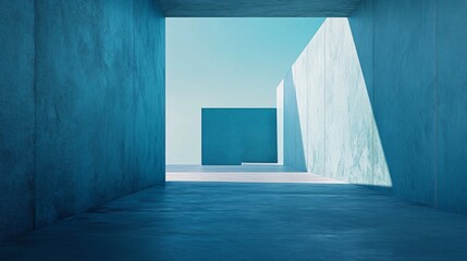 Canvas Print - Blue hallway with a wall in the middle. The wall is square and has a window in it. The hallway is empty and the light coming in through the window is shining on the wall