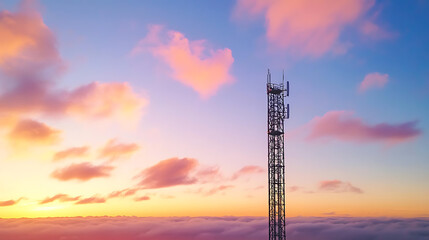 Wall Mural - Communication tower against a stunning sunset sky.