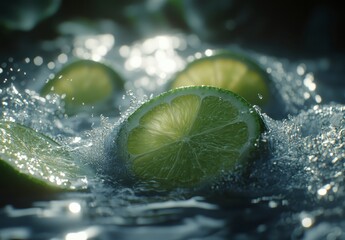 Wall Mural - Close up of lime slices submerged in sparkling water, illuminated by a bright light source, creating a vibrant and refreshing image. The limes are