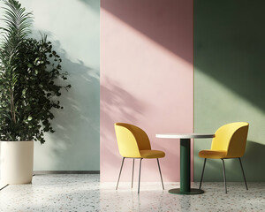 Wall Mural - 
Minimalist interior design with terrazzo flooring in pink and green, featuring yellow chairs, a plant wall art, and a round table.