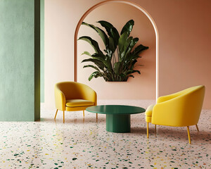 Wall Mural - 
Minimalist interior design with terrazzo flooring in pink and green, featuring yellow chairs, a plant wall art, and a round table.