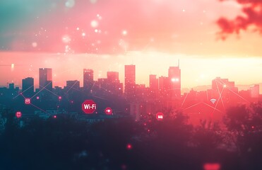 Poster - Connected city skyline at sunset, showing Wi-Fi and network connections.