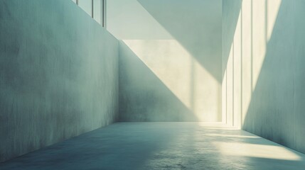 Wall Mural - Sunlight streaming through window illuminating empty concrete room, creating interesting shadows