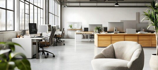 Poster - A modern office with various digital devices and clear space for text