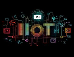 Poster - Colorful IoT network graphic with interconnected devices and data flow.