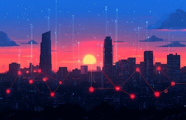 Poster - Futuristic cityscape at sunset with glowing network connections.