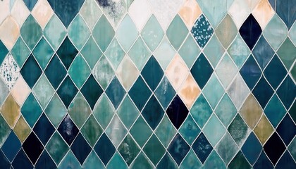 Fototapete - close-up of colorful diamond-shaped ceramic tiles in shades of teal, turquoise, navy, and peach for modern wall design

