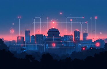 Poster - Smart city at night with digital network connections.