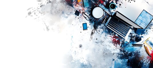 Poster - A modern workspace with various digital elements and space for text