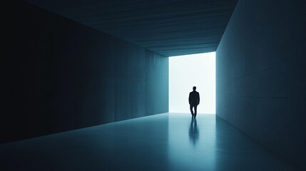 Wall Mural - Man walks through a dark tunnel with a light shining on him. The tunnel is long and narrow, and the man is the only one in it. The light creates a sense of mystery and solitude