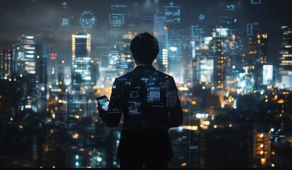 Aufkleber - businessperson viewing city skyline overlaid with futuristic digital data on a screen at night.