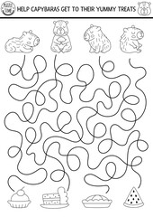 Wall Mural - Fun black and white maze for kids with capybaras and yummy treats. Capibara preschool printable activity. Labyrinth game, coloring page or puzzle with cute animal. Whose dessert worksheet