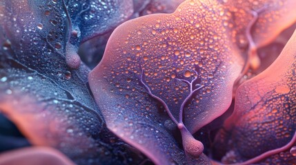 Wall Mural - Detailed close up of leaf cells with water droplets showcasing vibrant textures and colors in nature