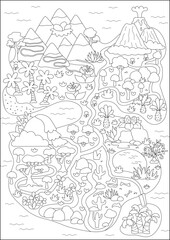 Poster - Vector black and white empty ancient continent map. Dinosaur landscape illustration. Prehistoric scenery, coloring page. Detailed island scene with paths. Dino land picture for kids