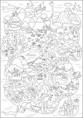 Poster - Vector black and white ancient continent map. Dinosaur landscape illustration, coloring page. Cute prehistoric scenery with animals. Funny detailed island scene with paths. Dino land picture