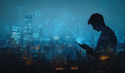 Poster - Silhouetted person using phone against city skyline with digital interface overlay.