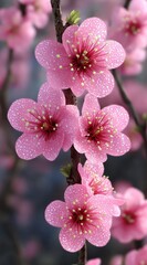 Canvas Print - Close up view of four delicate pink flowers, covered in morning dew, blooming on a slender branch. Soft natural light enhances the details of the