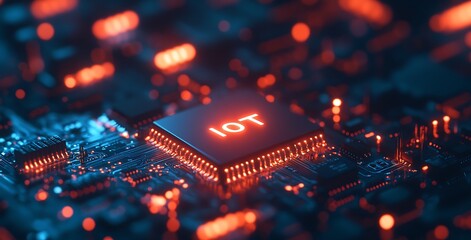 Poster - IoT chip on circuit board, glowing red.